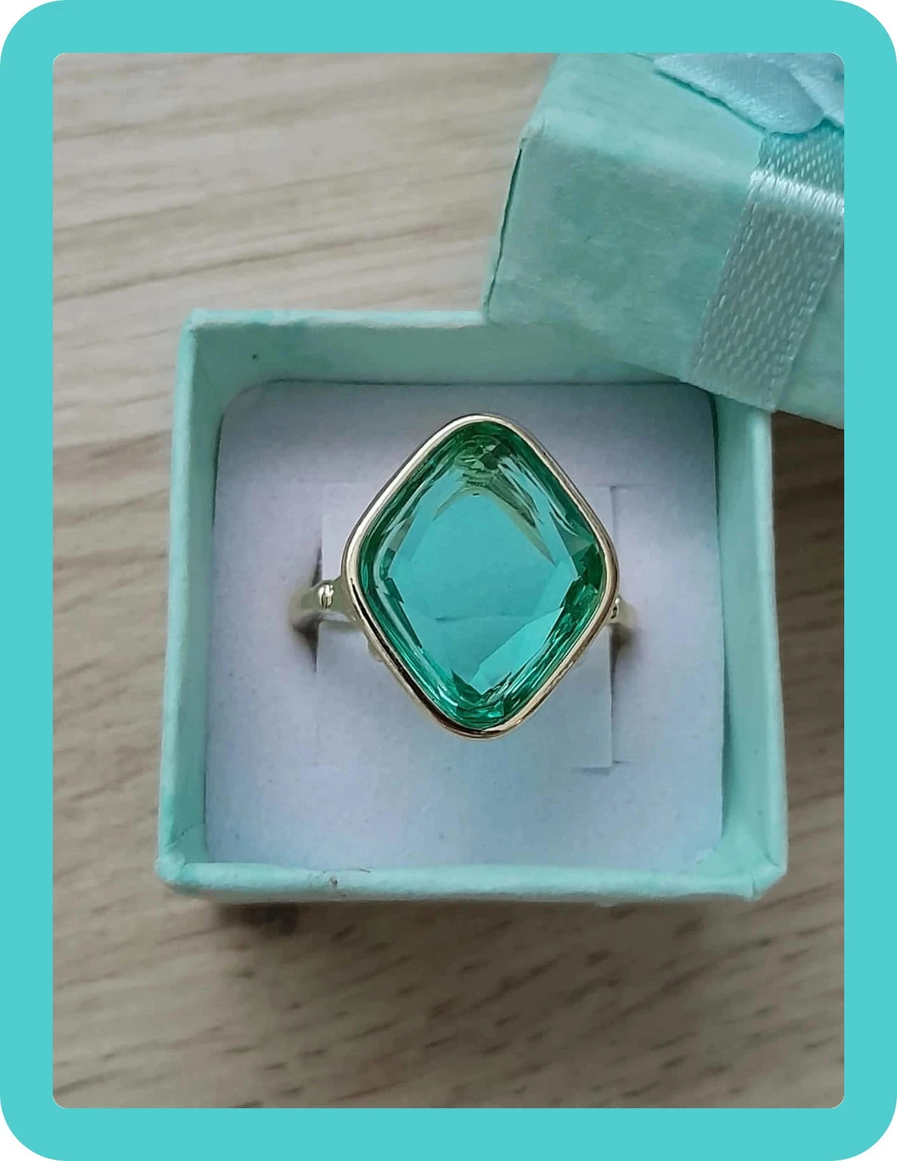 Bohème stijl ring met lichtblauwe steen (imitatie smaragd), maat 60 – photo 2